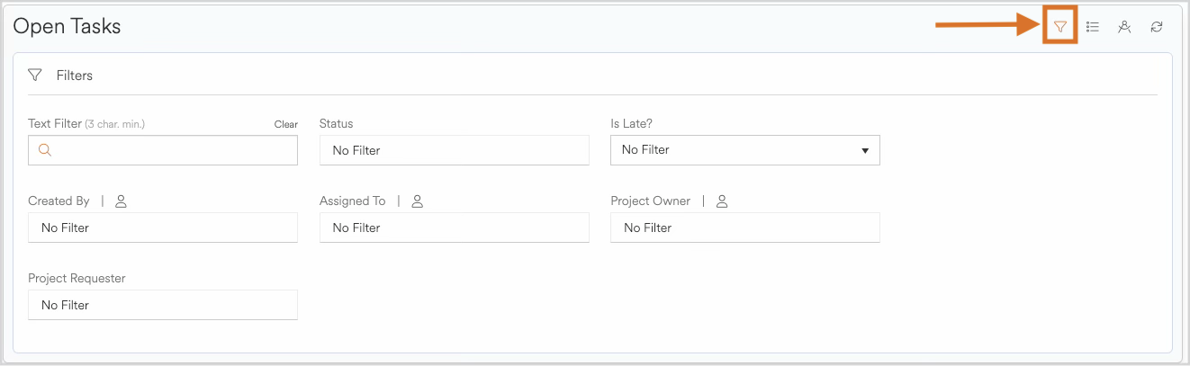 Open tasks interface showing filter options and highlighted filter button.